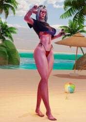 2026 3d beach beach_ball beach_umbrella bikini bikini_bottom bikini_top can elf elf_ears energy_drink facial_markings female glowing_eyes grand_theft_auto_vi mrtaxman necklace night_elf ocean painted_nails palm_tree pointed_ears red_bikini stalaisa sunglasses white_hair world_of_warcraft