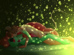 amphibian anthro areola bedding big_pillow black_eyelids blush bodily_fluids bow_tie bow_tie_only breasts brown_body brown_hair countershade_torso countershading deep_kiss duo eyes_closed feet female female_anthro frog from_front_position genital_fluids glitch_productions green_body hair hazmat_(character) hi_res long_tail lying male male_anthro mammal membrane_(anatomy) missionary_position mostly_nude mouse murid murine nipples non-mammal_breasts nude on_back ribbit_(tadc) rodent round_bed round_ears sex small_breasts star star_symbol tail the_amazing_digital_circus toes watermark webbed_feet yellow_areola yellow_nipples zerokdl