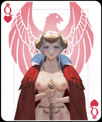 1girls areolae aztodio breasts cape cape_only card cloak edelgard_von_hresvelg edelgard_von_hresvelg_(timeskip) fire_emblem fire_emblem:_three_houses hair_ornament lips long_bangs looking_at_viewer medium_breasts medium_hair nipples planted_sword purple_eyes royalty solo solo_female sword tagme white_hair wide_hips