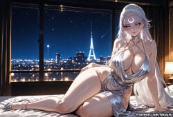 1girl ai_assisted ai_generated bare_shoulders blush breasts cityscape cleavage curvaceous curvy curvy_female curvy_figure diana_(league_of_legends) dress earrings facial_mark female forehead_mark halter_dress high_heels jewelry large_breasts league_of_legends long_hair looking_at_viewer miyuai night plunging_neckline purple_eyes revealing_clothes sitting sky skyscraper smile solo thick thick_ass thick_butt thick_hips thick_legs thick_thighs thighs very_long_hair voluptuous voluptuous_female white_hair wide_hips wide_thighs window