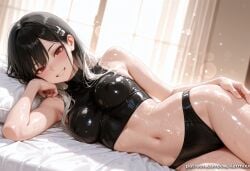 1girl ai_generated bangs bare_shoulders bed_sheet bikini black_bikini black_hair blue_archive blush breasts crop_top eri_(blue_archive) grin hair_ornament hairclip indoors kermixx latex long_hair looking_at_viewer lying medium_breasts navel on_bed on_side red_eyes shiny shiny_clothes shiny_skin smile solo swimsuit wet