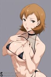 1female 1girl 1girls 2026 abs ai_generated areola_slip artist_name ass bare_shoulders big_ass big_breasts bikini black_bikini breasts brown_eyes brown_hair collarbone covered_nipples curvy earrings fishnets grey_background hands_on_own_chest hi_res high_quality high_resolution highres huge_ass huge_breasts jewelry large_breasts looking_at_viewer micro_bikini navel open_mouth patreon patreon_username persona persona_3 short_hair simple_background solo swimsuit thong thong_bikini toriumi_isako unjobdespiert watermark