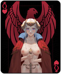 1girls areolae aztodio black_background breasts cape cape_only card cloak edelgard_von_hresvelg edelgard_von_hresvelg_(timeskip) fire_emblem fire_emblem:_three_houses hair_ornament lips long_bangs looking_at_viewer medium_breasts medium_hair nipples planted_sword purple_eyes royalty solo solo_female sword tagme white_hair wide_hips