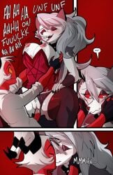 big_breasts breasts breasts_out dress dress_lift female hellhound helluva_boss imp loona_(helluva_boss) moxxie_(helluva_boss) penis penis_in_pussy public_exposure public_sex sex swain_(artist) thick_thighs underwear