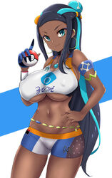 1girls alternate_breast_size aqua_eyes armlet bare_shoulders black_hair blue_eyes blue_hair blush breasts crop_top dark-skinned_female dark_skin earrings erect_nipples eyeliner eyeshadow female gloves hair_bun hair_ornament hand_on_hip high_resolution holding holding_object hoop_earrings jewelry large_breasts long_hair looking_at_viewer lowleg lowleg_shorts makeup midriff multicolored_hair navel necklace nessa_(pokemon) nintendo poke_ball pokemon pokemon_ss sayo_ayato short_shorts shorts smile solo sportswear tank_top tied_hair toned underboob