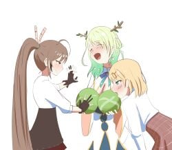 ahoge angelchama blonde_hair blue_eyes braid braided_bangs branch breasts brown_eyes brown_hair brown_skirt ceres_fauna ceres_fauna_(1st_costume) cleavage collared_shirt feather_hair_ornament feather_in_hair feathers food fruit groping groping_breasts groping_motion highres hololive hololive_english hololive_english_-council- hololive_english_-promise- hololive_myth horn large_breasts longhair melon multiple_girls nanashi_mumei nanashi_mumei_(1st_costume) open_mouth plaid_clothes plaid_skirt ponytail sexually_suggestive shitpost smile virtual_youtuber watermelon watson_amelia watson_amelia_(1st_costume)
