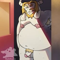 1:1 angry anthro asgore_dreemurr big_moobs bodily_fluids deltarune genitals hair hi_res male messy_fur messy_hair moobs musk musky_armpit nuknuks penis slightly_chubby small_penis solo sweat sweatdrop undertale_(series)