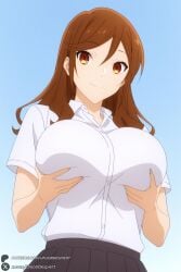 1female 1girl 1girls 2026 ai_generated artist_name big_ass big_breasts black_skirt blue_background breast_lift breasts brown_eyes brown_hair closed_mouth collared_shirt curvy gradient gradient_background hair_between_eyes hi_res high_quality high_resolution highres hori_kyouko horimiya huge_ass huge_breasts large_breasts long_hair looking_at_viewer patreon patreon_username pleated_skirt school_uniform shirt short_sleeves skirt smile solo unjobdespiert watermark web_address white_shirt
