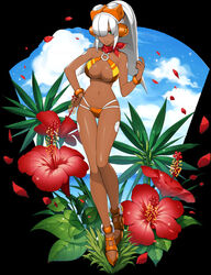 1girls alternate_color bikini bikini_bottom bikini_top bra breasts cleavage clothed flower green_eyes hair_over_one_eye hand_on_hip headphones hibiscus high_heels layer long_hair mega_man mega_man_x official_art panties parted_lips reploid robot robot_girl robot_joints scarf silver_hair solo swimsuit swimsuit_layer_(x_dive)