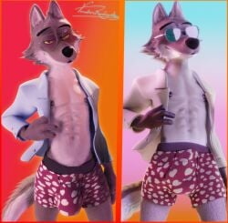 3d_(artwork) abs anthro athletic athletic_male bedroom_eyes big_bulge blender_(artwork) blender_cycles_(artwork) blender_eevee_(artwork) bodily_fluids bulge canid canine canis clothed clothing detailed detailed_bulge detailed_fur digital_media_(artwork) dreamworks eyewear fur glasses hi_res jacket lean_muscle looking_at_viewer male mammal mr._wolf_(the_bad_guys) muscular narrowed_eyes nipples pecs seductive smug solo sweat tail the_bad_guys topless topwear underwear vermilionrenderworks wolf