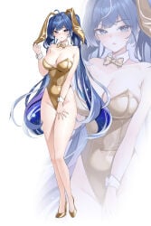 1girls big_breasts blue_eyes blue_hair blush blushing breasts breasts_out bunny_ears bunnysuit exposed_breasts female gold_bunny_ears gold_bunnysuit iuno_(wuthering_waves) large_breasts long_hair twintails wuthering_waves