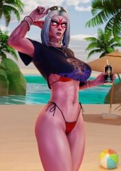 2026 3d beach beach_ball beach_umbrella bikini bikini_bottom bikini_top can elf elf_ears energy_drink facial_markings female glowing_eyes grand_theft_auto_vi mrtaxman necklace night_elf ocean painted_nails palm_tree pointed_ears red_bikini stalaisa sunglasses white_hair world_of_warcraft