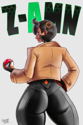 1girls artist_name ass ass_focus big_ass black_bodysuit black_hair bodysuit brown_jacket clothing crunchybeam dat_ass emma_(pokemon) female female_only game_freak hair hand_on_hip holding_object huge_ass jacket looking_back pokeball pokemon pokemon_legends:_z-a purple_eyes short_hair smile solo solo_female thick_thighs thighs tight_clothing