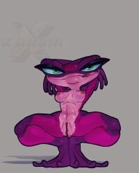 4:5 abs amphibian anthro areola blue_sclera blue_sky_studios breasts crouching eyelashes feet female frog front_view gabi_(rio) genitals green_eyes grey_background hands_behind_head hi_res leg_markings licking licking_lips licking_own_lips markings mimic_poison_frog navel nipples non-mammal_breasts non-mammal_navel non-mammal_nipples nude pink_areola pink_body pink_nipples pseudo-dendrobate purple_body rio_(series) scalie simple_background small_breasts smile socks_(marking) solo thick_thighs tongue tongue_out vulva wide_hips xrobinsfw