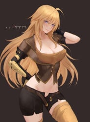 aztodio blonde_hair cleavage elbow_gloves gloves jacket large_breasts long_hair navel purple_eyes rwby short_shorts shorts thighhighs thighs wide_hips yang_xiao_long yellow_shirt yellow_thighhighs