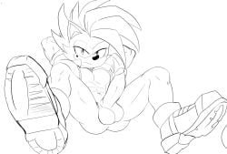 2026 abs anthro balls black_nose butt clothing erection eulipotyphlan footwear genitals hedgehog humanoid_genitalia humanoid_penis jacket line_art looking_at_viewer lukastarfall male mammal markings mole_(marking) monochrome muscular muscular_male penis sega shoes solo sonic_the_hedgehog_(series) spread_legs spreading topwear unimpressed