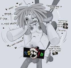 1boy 1girls 2026 button_belly_button button_eye button_nipples caine_censorship dialogue doll_girl full_nelson full_nelson_(legs_held) funkiepoop glitch_productions gooseworx jax jax_(tadc) jax_(the_amazing_digital_circus) lifted_by_legs monochrome penetration penetration_from_behind rabbit_boy ragatha ragatha_(tadc) ragatha_(the_amazing_digital_circus) ragdoll rough_sex stomach_bulge tagme tearing_up the_amazing_digital_circus triangle_nose