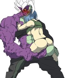 1girls ass big_penis blue_hair breasts clothed_male dragon_ball dragon_ball_super female female_trunks future_trunks futurecrossed green_skin monster_boy nervous nipples purple_skin rule_63 size_difference super_saiyan super_saiyan_rose trunks_briefs underwear zamasu