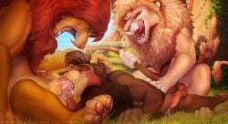 anal anal_penetration animal_genitalia animal_penis balls bodily_fluids brown_body brown_fur brown_hair cum cum_in_mouth cum_inside cumshot disney ejaculation eye_scar facial_scar felid feline_genitalia feline_penis fellatio feral feral_on_feral feral_penetrated feral_penetrating feral_penetrating_feral fur genital_fluids genitals group group_sex hair hi_res kovu_(the_lion_king) licking licking_lips lion magayser male male/male male_penetrated male_penetrating male_penetrating_male mammal okdrsutsu oral pantherine pawpads penetration penile penile_penetration penis penis_in_ass red_hair scar sex sharp_teeth simba_(the_lion_king) spitroast tail tail_tuft tears teeth the_lion_king threesome tiger tongue tongue_out trio tuft