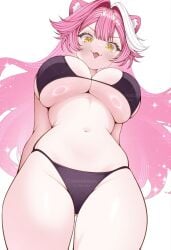 1girls animal_ears bikini bitch exhibitionism exhibitionist hololive hololive_english hololive_english_-justice- huge_breasts large_breasts long_hair mintikmeow pink_hair raora_panthera slutty_female viewed_from_below