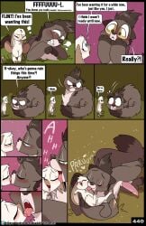 absurd_res angry anthro bandicoot black_body black_fur black_hair blue_eyes blush clitoral_hood comic dipstick_tail duo english_text erection feet female feral fingerless_(marking) flint_(fuf) french_kissing fuf fur genitals hair hi_res kissing licking licking_another licking_partner male male/female mammal markings marsupial mustelid musteline penis tail tail_markings tail_tuft tan_body tan_fur tesla_(fuf) text toeless_(marking) tongue true_musteline tuft vulva weasel yellow_eyes