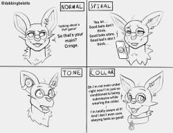 2025 anthro blank_stare bodily_fluids collar collar_tag comic consensual_mind_control dabelette dabelette_(character) dialogue drooling ear_piercing earbuds electronics english_text eyewear generation_6_pokemon glasses headphones hypnosis male mind_control monochrome nintendo noivern open_mouth phone piercing pokemon pokemon_(species) ringed_eyes saliva smile solo spiral text verbal_submission wearing_glasses