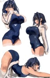 1girls big_ass big_breasts big_butt blue_eyes blue_hair breasts curvy curvy_figure female female_focus female_only hololive hololive_english huge_ass huge_breasts ouro_kronii school_swimsuit shinjinou short_hair simple_background solo solo_female solo_focus stretching swimsuit voluptuous voluptuous_female white_background yawn