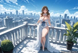 1girl ai_assisted ai_generated bangs bare_shoulders blue_sky blush breasts brown_hair building cleavage cloud curvaceous curvy curvy_female curvy_figure day dress earrings female flower full_body gloves hair_ornament high_heels jewelry large_breasts long_hair looking_at_viewer miyuai mole necklace oosuki_mamako outdoors plant railing sky smile solo standing strapless thick thick_ass thick_butt thick_hips thick_legs thick_thighs thighs tree tsuujou_kougeki_ga_zentai_kougeki_de_ni-kai_kougeki_no_okaasan_wa_suki_desu_ka? voluptuous voluptuous_female white_dress wide_hips wide_thighs