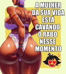 1girls armwear ass ass_focus backboob big_ass bottomwear breasts bubble_ass capcom crunchybeam digging_up_in_they_ass elena_(street_fighter) eyes_out_of_frame female female_only hair hand_on_ass meme meme_reference nail_polish nails neckwear portuguese_text purple_nail_polish purple_nails short_hair start_digging_in_yo_butt_twin street_fighter text thighs topwear translation_request tribal_clothing white_hair