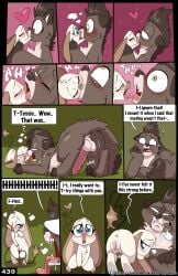 absurd_res all_fours anthro anus ass_up balls bandicoot black_body black_fur black_hair blue_eyes blush bodily_fluids breath clitoral_hood comic dipstick_tail dripping duo english_text erection feet female feral fingerless_(marking) flint_(fuf) french_kissing fuf fur genital_fluids genitals hair heart_symbol hi_res kissing male male/female mammal markings marsupial masturbation mustelid musteline outside panting penis sweat sweatdrop tail tail_fetish tail_markings tail_masturbation tail_play tan_body tan_fur tesla_(fuf) text toeless_(marking) tongue tongue_out true_musteline vaginal_fluid_drip vaginal_fluids vulva weasel yellow_eyes