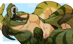 anthro balls bodily_fluids claws dfkr dragon genitals green_body green_scales hi_res horn male mech_(mechedragon) mythological_creature mythological_scalie mythology open_mouth penis saliva saliva_string scales scalie solo striped_body stripes tail teeth tongue tongue_out yellow_eyes