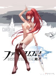aztodio breasts cordelia_(fire_emblem) english_text fire_emblem fire_emblem_awakening hair_ornament japanese_text long_hair navel nipples ponytail red_boots red_eyes red_hair small_breasts spear text_focus thigh_boots thighhighs thighs very_long_hair weapon wide_hips