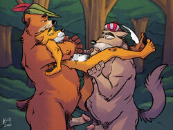 2020 3boys 4:3 anthro balls belly brown_body brown_fur canid canine canis closed_eyes clothing disney erection fox fur gay genitals group hat headgear headwear k-9 little_john male male/male male_only males_only mammal oral outside penis robin_hood robin_hood_(disney) sheriff_of_nottingham slightly_chubby ursid wolf yaoi