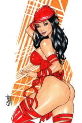 1girls 2019 ass big_ass black_hair elberty_(artist) elektra_natchios female marvel solo traditional_media_(artwork)