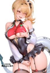 1girl ahoge ai_generated artist_name bangs bare_shoulders blonde_hair blush breasts choker cissia_(zenless_zone_zero) clothing_aside covered_navel cowboy_shot detached_sleeves ear_piercing explicit female_masturbation fingering garter_straps grabbing_own_breast large_breasts leotard long_hair masturbation nuageeart one_eye_closed open_mouth piercing red_eyes side_ponytail simple_background skirt smile solo sweat tail thighhighs thighs tongue tongue_out underboob white_background zenless_zone_zero