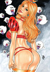 1girls ass big_ass blonde_hair bra crown elberty_(artist) female mario_(series) nintendo panties princess_peach solo traditional_media_(artwork)