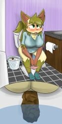 2026 absurd_res accessory anthro anus bathroom blush bodily_fluids bottomwear breasts brown_body brown_fur butt clothed clothing digital_drawing_(artwork) digital_media_(artwork) dress eeveelution feces female flower fur generation_4_pokemon green_eyes hair hair_accessory hi_res layla_(notmypornaccount) leaf leaf_hair leaf_tail leafeon nintendo notmypornaccount open_mouth panties plant plant_hair pokemon pokemon_(species) pooping pseudo_hair scat shirt sitting solo sunflower sweat sweatdrop tail text toilet toilet_paper toilet_use tongue topwear trash_can underwear yellow_body yellow_fur