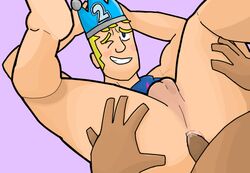 2boys anal anal_penetration anal_sex anus artist_request ass backsack balls blonde_hair blue_eyes bottomless crown cum_in_ass cum_inside dark-skinned_male erect_penis erection fortnite gay hands_behind_head hands_on_ass jonesy_(fortnite) lavender_background legs_held_open legs_up male male_only one_eye_closed penis pleasure_face spread_legs tagme video_games wink yaoi