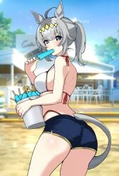 1girls ass bikini_bottom blue_eyes breasts female female_only gray_hair horse_ears horse_girl horse_tail ice_cream looking_at_viewer looking_back oguri_cap_(umamusume) open_mouth ponytail shorts solo solo_female tail umamusume umamusume:_cinderella_gray umamusume_pretty_derby