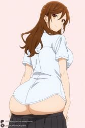 1female 1girl 1girls 2026 ai_generated artist_name ass big_ass big_breasts breasts brown_eyes brown_hair clothes_pull curvy from_behind hi_res high_quality high_resolution highres hori_kyouko horimiya huge_ass huge_breasts large_breasts long_hair looking_at_viewer looking_back patreon patreon_username pink_background pleated_skirt school_uniform shirt short_sleeves simple_background skirt skirt_pull smile solo undressing unjobdespiert watermark white_shirt