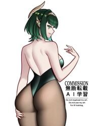 back_view backless_dress backside bangs big_ass bob_cut charlie_purrito curvy curvy_female genshin_impact green_hair nefer_(genshin_impact) pantyhose pose short_hair sideboob thick thick_ass thick_thighs wide_hips