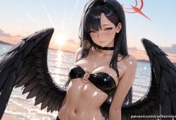 1girl ai_generated bangs bare_shoulders beach bikini black_bikini black_choker black_hair black_hairband black_wings blue_archive blush breasts choker closed_mouth collarbone feathered_wings grey_eyes hair_ornament hairband hairclip halo ichika_(blue_archive) kermixx lens_flare long_hair looking_at_viewer medium_breasts nakamasa_ichika navel o-ring o-ring_bikini o-ring_top ocean outdoors parted_lips shiny shiny_skin skindentation smile solo stomach strapless sun sunset swimsuit upper_body water wet wings