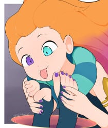 blue_eyes feet foot_fetish heterochromia league_of_legends licking_feet licking_toes orange_hair painted_nails painted_toenails purple_eyes purple_fingernails purple_nails purple_toenails saliva saliva_trail softhanten toes zoe_(league_of_legends)