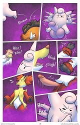 anthro balls big_balls big_penis bounce canid clefable comic delphox doost duo erection fur fur_growth generation_1_pokemon generation_6_pokemon genitals glans group growth hi_res human human_to_anthro jumping laugh male male/male mammal mid_transformation nintendo penis pokemon pokemon_(species) sex snout snout_growth species_transformation transformation transformation_sequence
