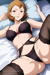 1female 1girl 1girls 2026 ai_generated artist_name big_ass big_breasts black_bra black_panties black_thighhighs bra breasts brown_eyes brown_hair cameltoe cleavage curvy earrings garter_belt garter_straps hi_res high_quality high_resolution highres huge_ass huge_breasts jewelry large_breasts lingerie looking_at_viewer lying mature_female navel on_back on_bed panties patreon patreon_username persona persona_3 pillow short_hair smile solo spread_legs thighhighs toriumi_isako underwear unjobdespiert watermark