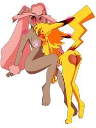 anonymous_artist anthro bent_over black_sclera blush blush_lines bodily_fluids breastmilk breasts brown_body butt drooling duo eyes_closed female female/female generation_1_pokemon generation_4_pokemon heart_(marking) hi_res lactating lagomorph leporid lopunny mammal markings mouse murid murine nintendo pikachu pokemon pokemon_(species) rabbit rodent saliva simple_background white_background wide_eyed yellow_body