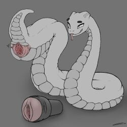 1:1 bestiality female female_feral feral genitals hi_res long_tongue looking_offscreen ori_(horiori) penetrable_sex_toy presenting presenting_vulva reptile scalie sex_toy simple_background smile snake solo tongue vulva zevex