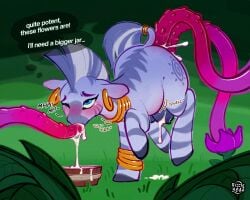 5:4 abdominal_bulge big_teats blue_eyes blush bodily_fluids bucket container cum cum_drip cum_in_bucket cum_in_container cum_in_mouth cum_inflation cum_inside deep_throat drinking drinking_cum dripping ear_piercing ear_ring english_text equid equine excessive_cum excessive_genital_fluids female feral fizzlesoda2000 flower flower_tentacle forest_background friendship_is_magic fur fur_markings genital_fluids grass grey_body hasbro hi_res inflation jewelry leaking_cum mammal mane markings my_little_pony neck_bulge necklace on_one_leg one_eye_closed onomatopoeia oral oral_penetration penetration piercing plant plant_sex raised_tail red_tentacles ring_piercing shrub solo sound_effects standing swelling tail teats tentacle_penetration tentacles text thought_bubble triple_penetration zebra zecora_(mlp)