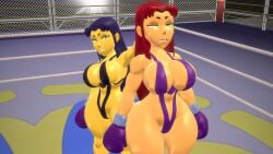 2girls 3d belly_button big_breasts blackfire boxing boxing_gloves boxing_ring camper222 dc dc_comics kabalmystic_(style) long_hair sling_bikini starfire teen_titans thick_thighs