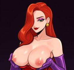 1girls ai_generated artist_name bare_shoulders black_background breast_hold breast_lift breasts breasts_out cleavage closed_mouth clothes_pull collarbone cowboy_shot dangle_earrings dark_background dress earrings elbow_gloves eyeshadow gloves green_eyes hair_over_one_eye half-closed_eyes jessica_rabbit jewelry large_breasts latex latex_gloves lips lipstick long_hair looking_at_viewer makeup mature_female nipples one_eye_covered purple_background purple_dress purple_eyeshadow purple_gloves red_dress red_gloves red_hair red_lips seductive_smile shiny_clothes shiny_skin simple_background smile solo strapless strapless_dress upper_body who_framed_roger_rabbit